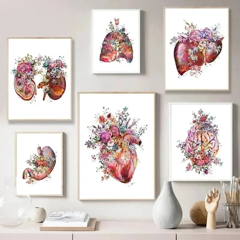 Anatomy Art Canvas: Heart & Lung Floral Decor
