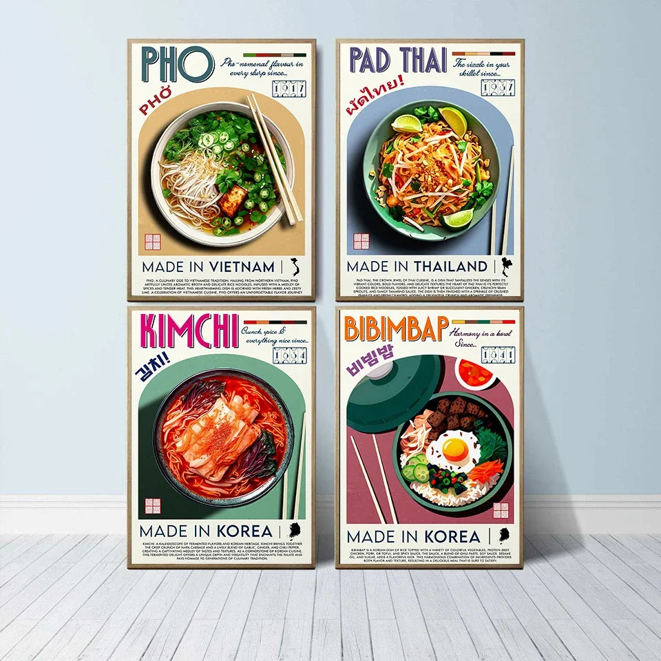 Nordic Food Art Canvas: Pad Thai, Kimchi, Pho, Tom Yum Decor