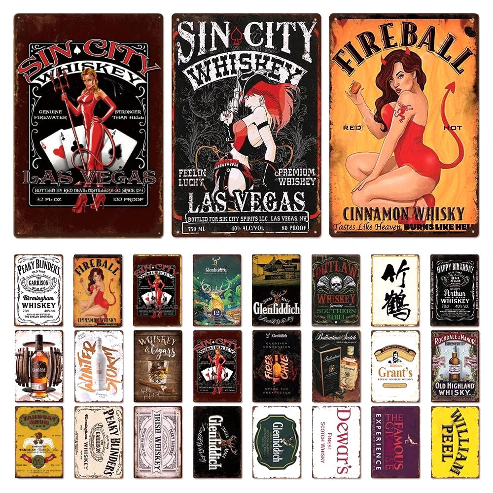 Vintage Pin-Up Girl Whisky Tin Sign Wall Decor