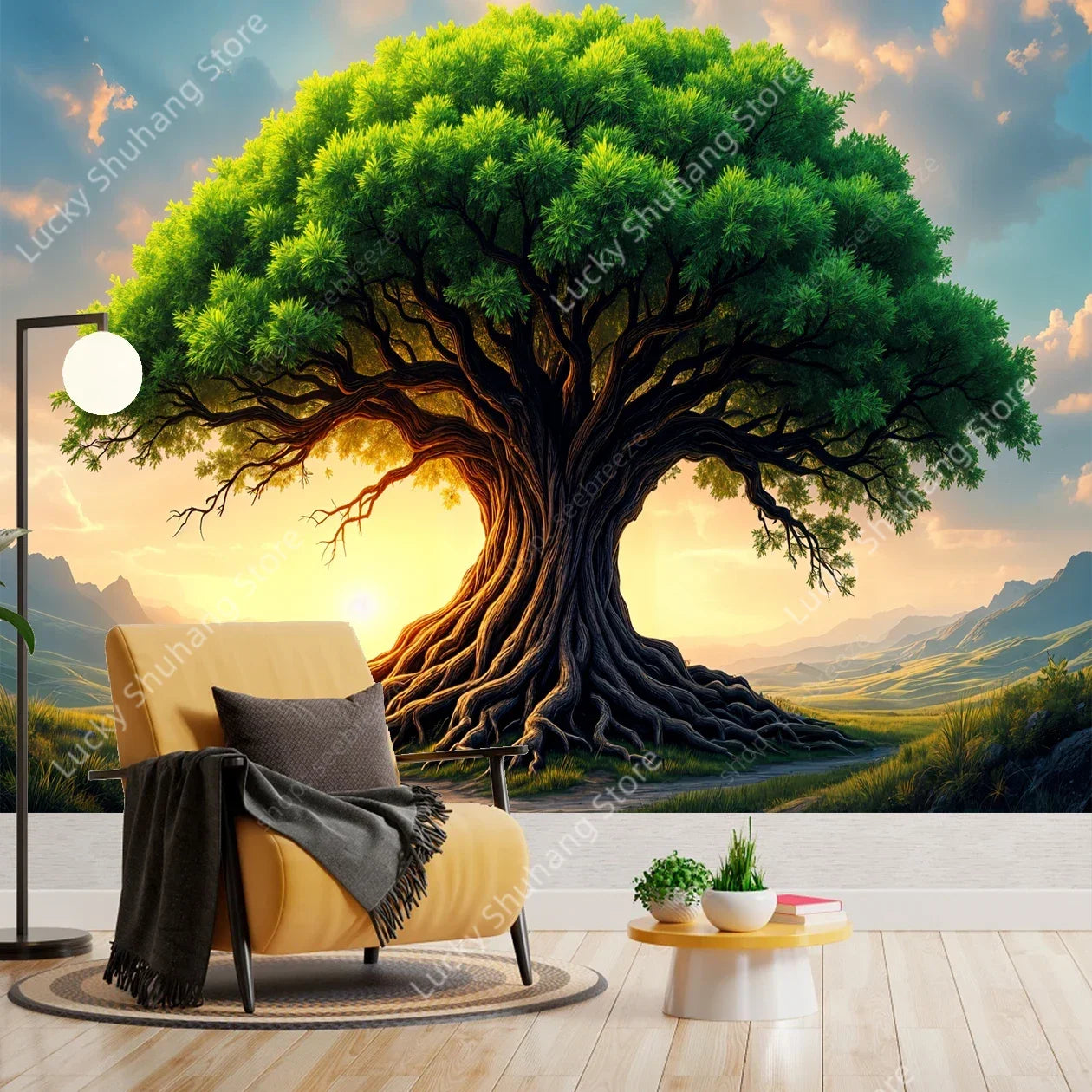 Sunset Oak Tree Tapestry: Rustic Mountain Wall Art Decor