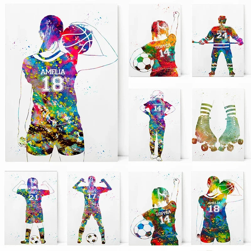 Athlete Girl Sports Poster: Football, Basketball, Hockey Art