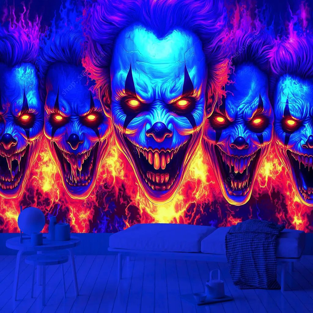 Neon Skull Clown UV Tapestry Horror Wall Art Decor