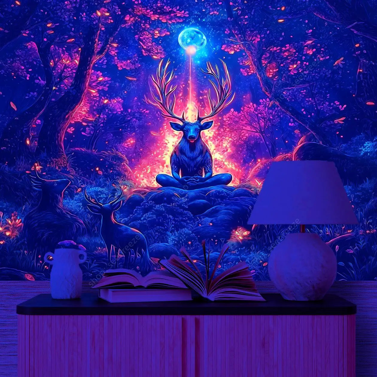 Mystical Deer UV Tapestry: Vibrant Bohemian Wall Art