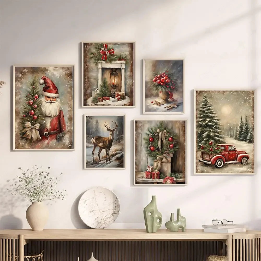 Santa Claus Elk Vintage Christmas Canvas Wall Art