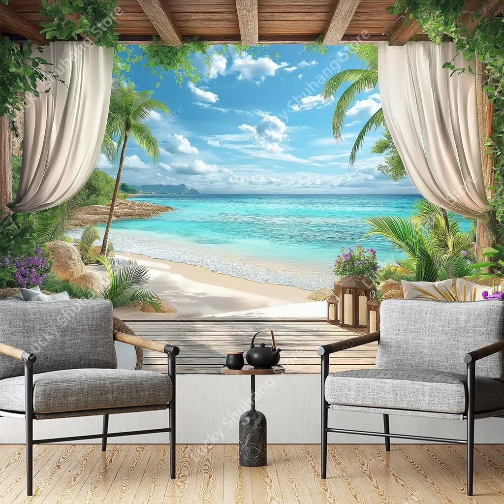 Palm Trees Beach Tapestry: Ocean Wall Art Decor