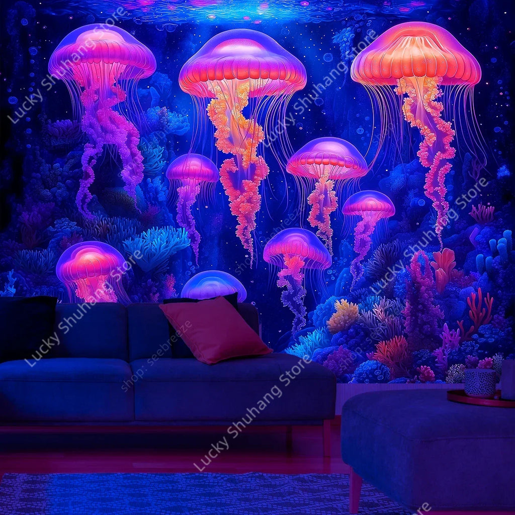 UV Reactive Jellyfish Coral Tapestry Ocean Wall Decor