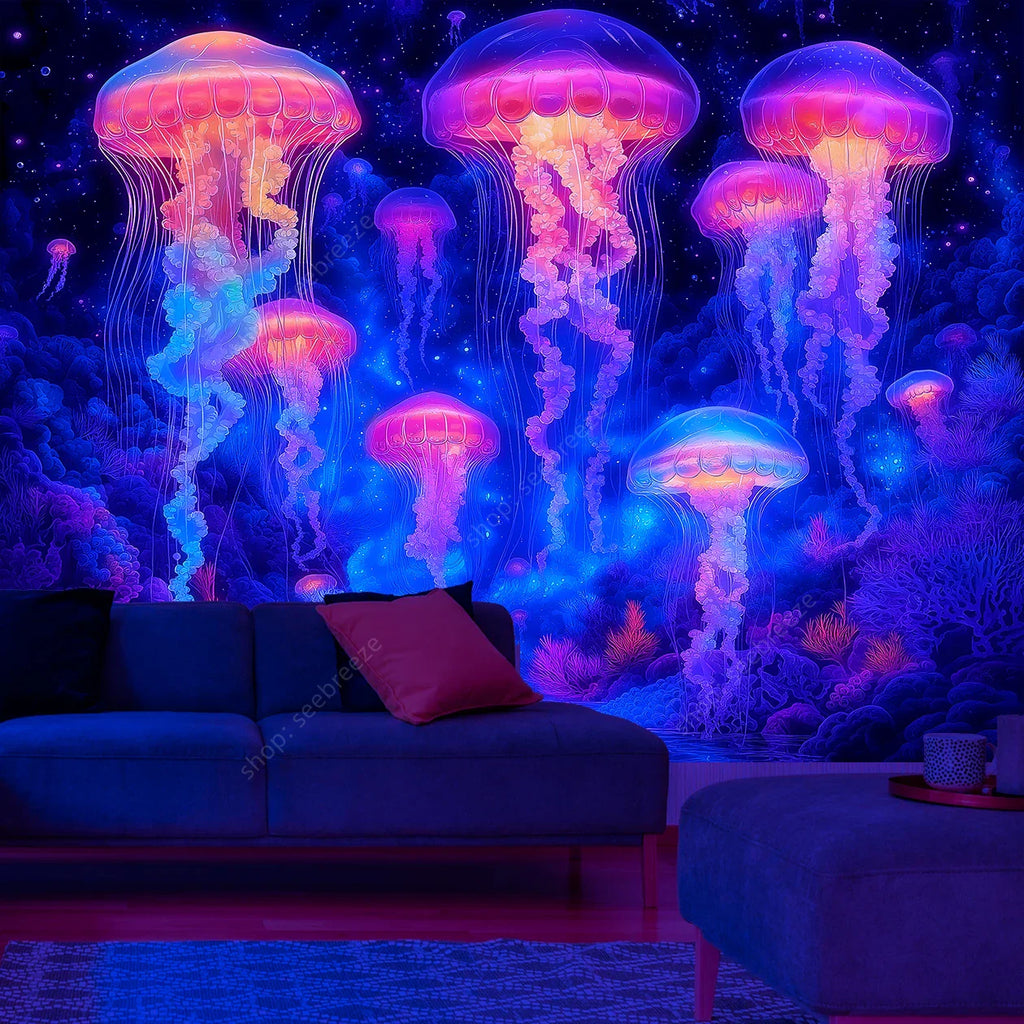 UV Reactive Jellyfish Coral Tapestry Ocean Wall Decor