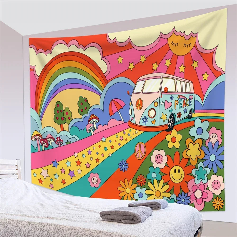 70s Retro Floral Rainbow Sun Tapestry Wall Decor