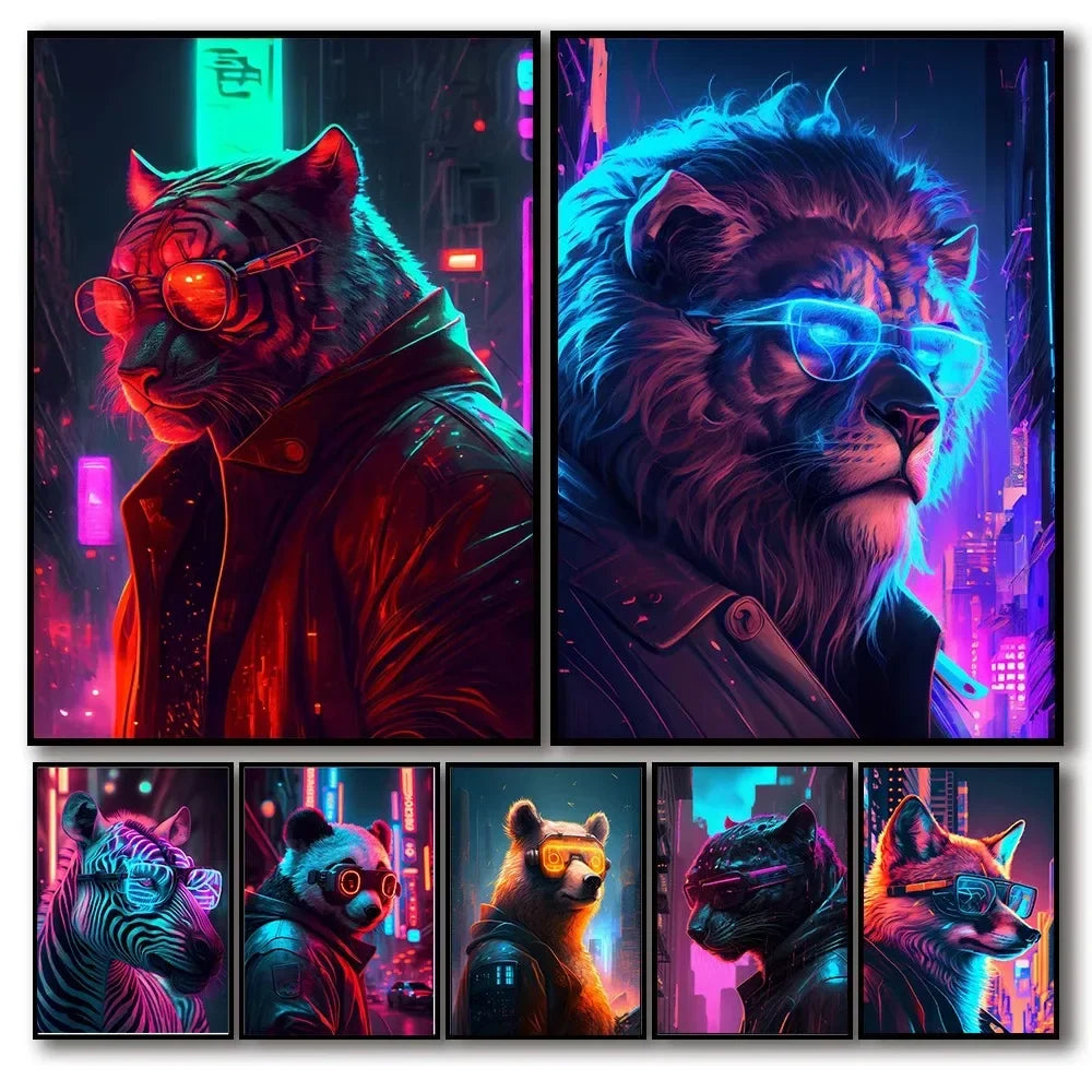 Neon Punk Animal Poster: Lion Tiger Panda Canvas Art