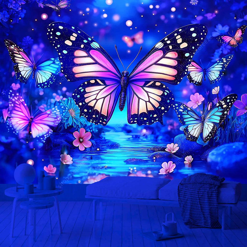 UV Reactive Butterfly Tapestry: Psychedelic Mandala Decor