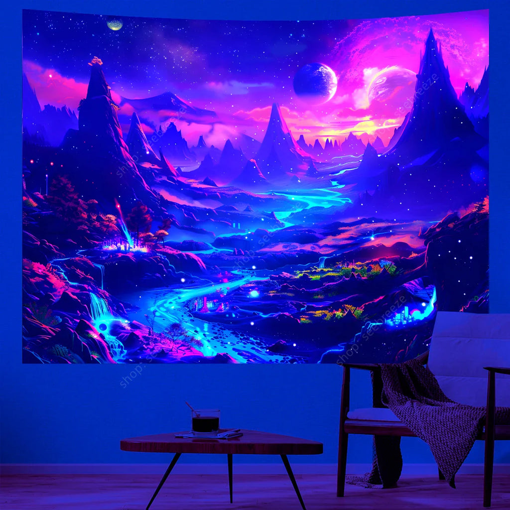 Neon Psychedelic Mountain River UV Tapestry Wall Decor