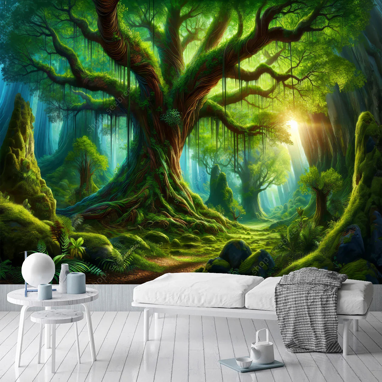 Majestic Forest Tapestry: Green Nature Meditation Decor