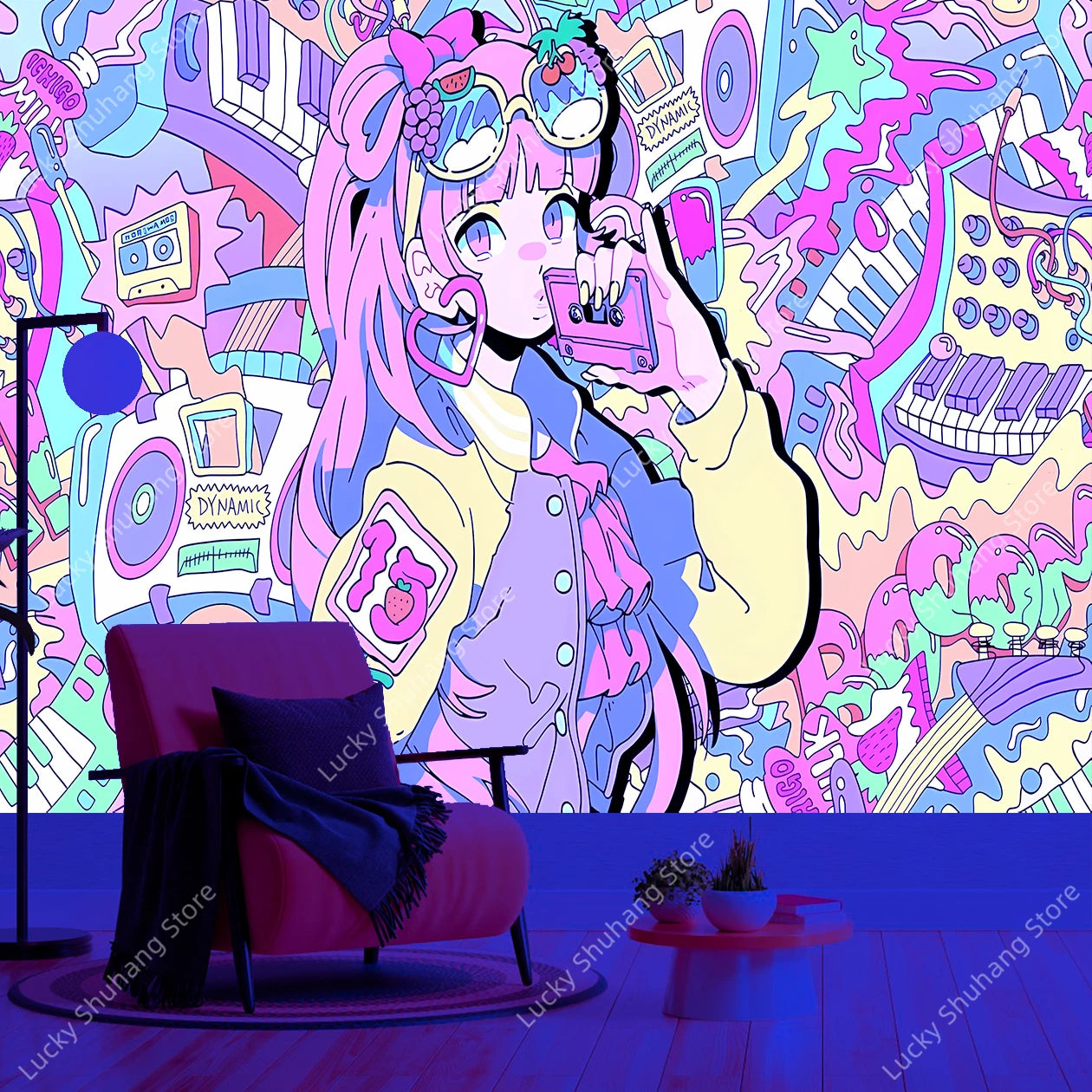 Retro Anime Girl Neon Tapestry UV Wall Decor