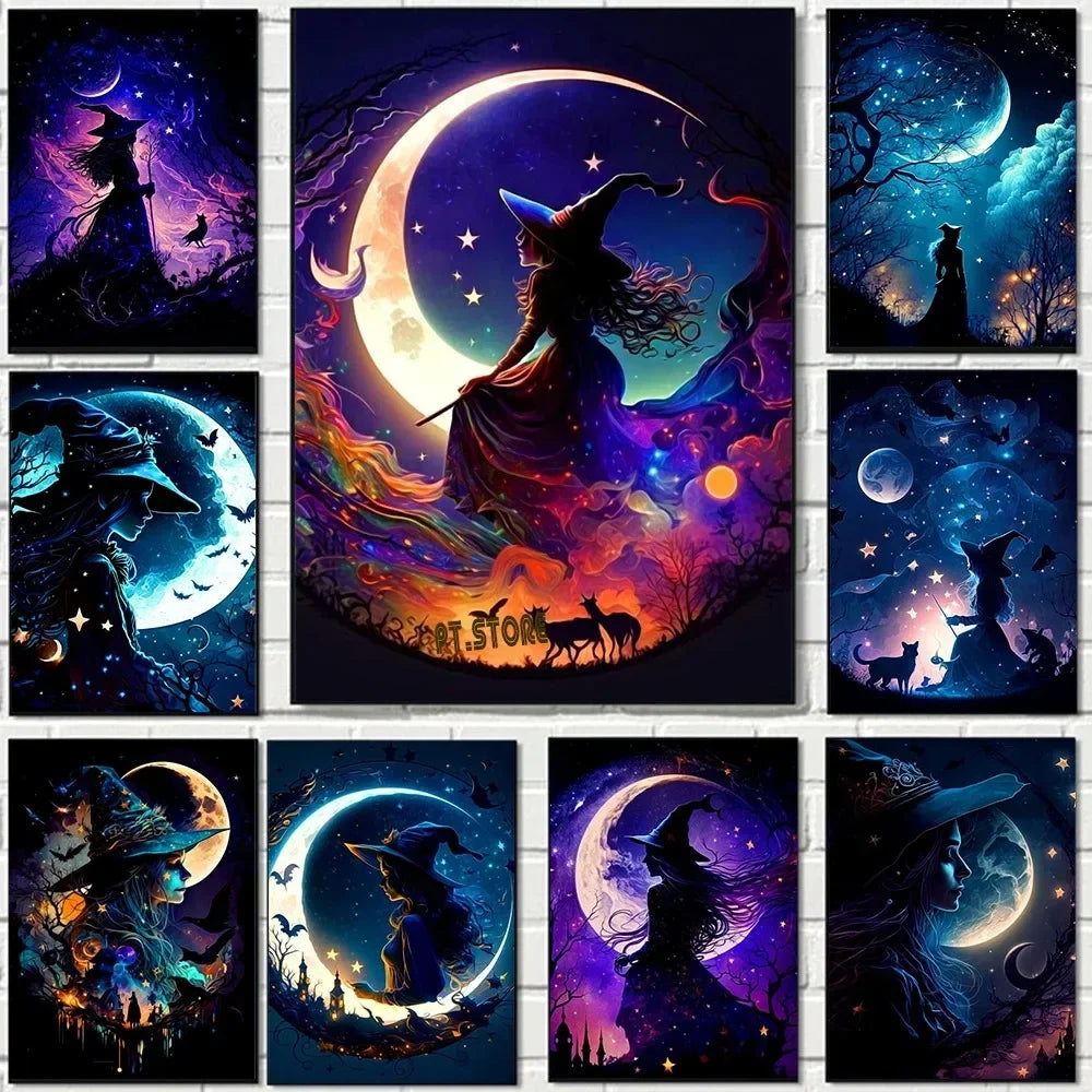 Halloween Witch Canvas Art: Starry Sky & Moon Decor