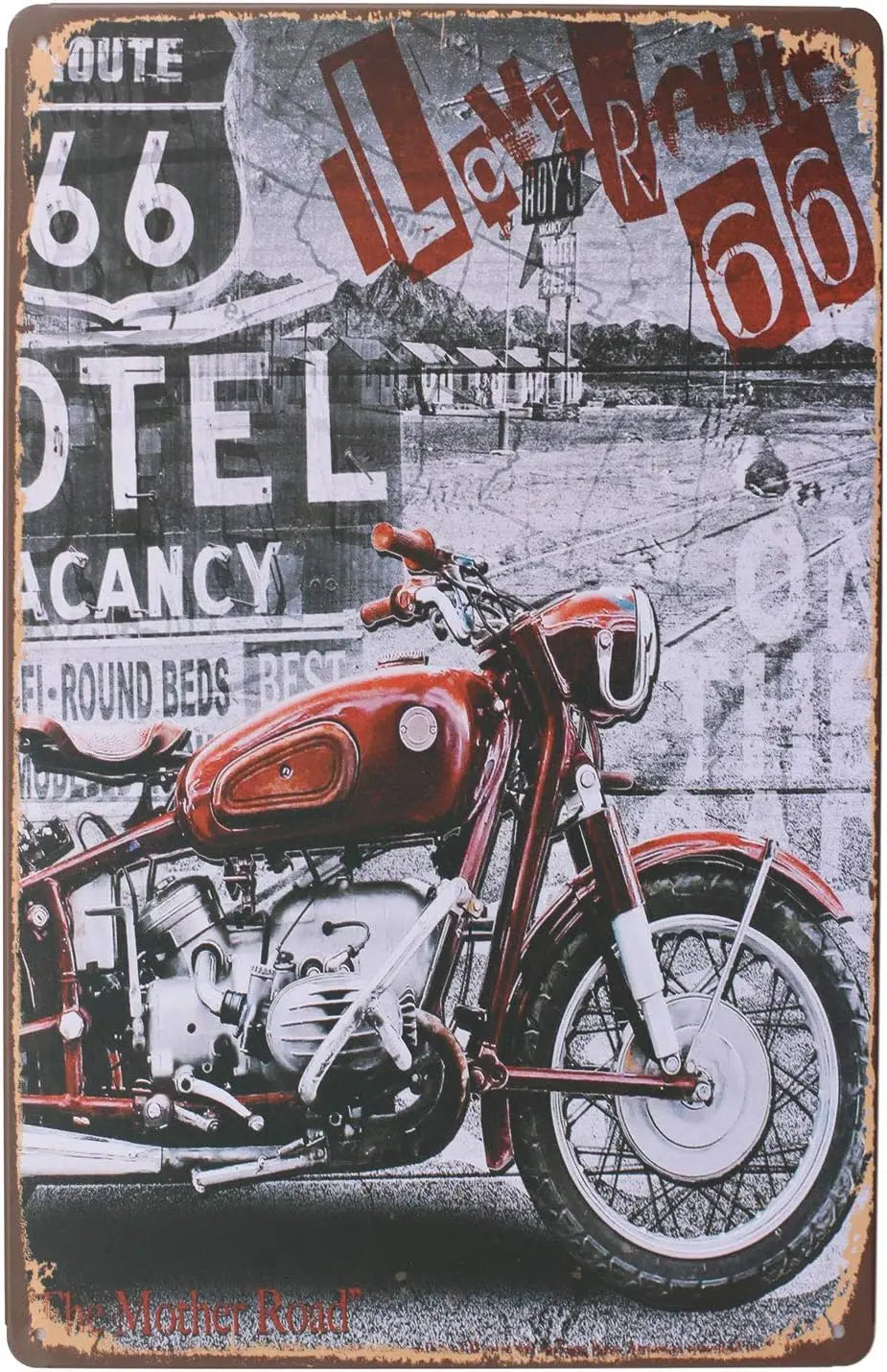 Retro Route 66 Motorcycle Tin Sign Wall Decor