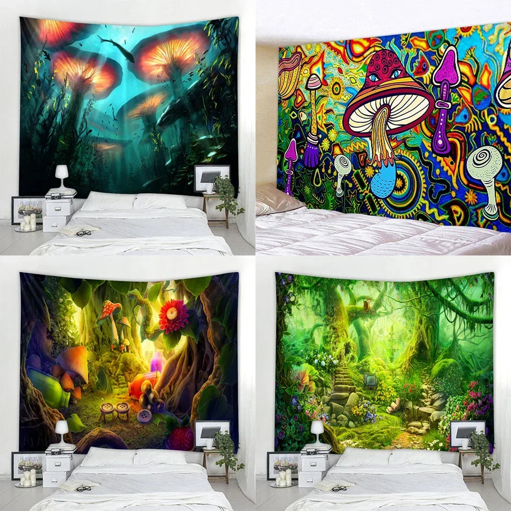 Art Deco Witchcraft Tapestry: Psychedelic Mushroom Mandala