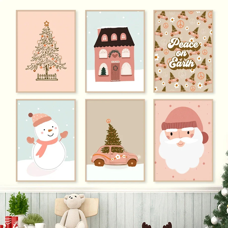 Christmas Tree Santa Snowman Canvas Art Print Decor