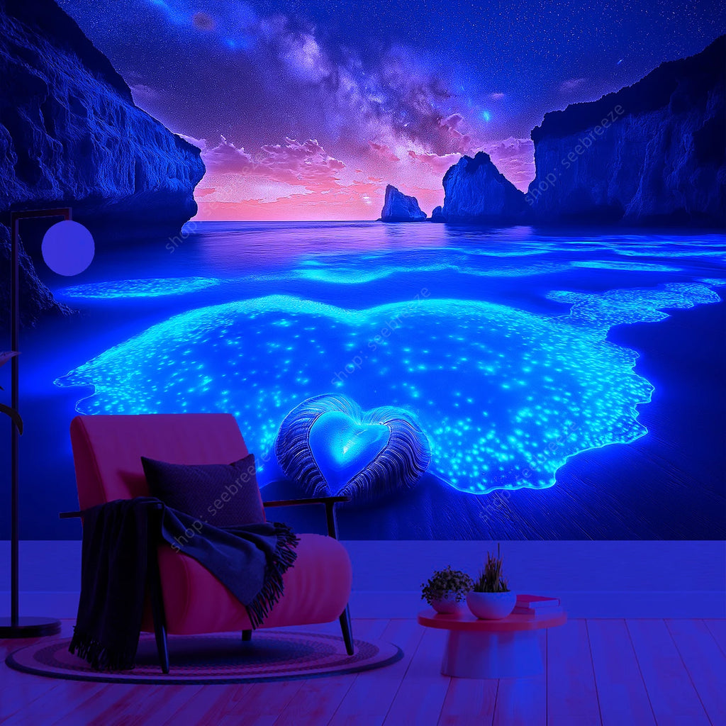 Luminous Ocean Night Tapestry - Glowing Beach Wall Art