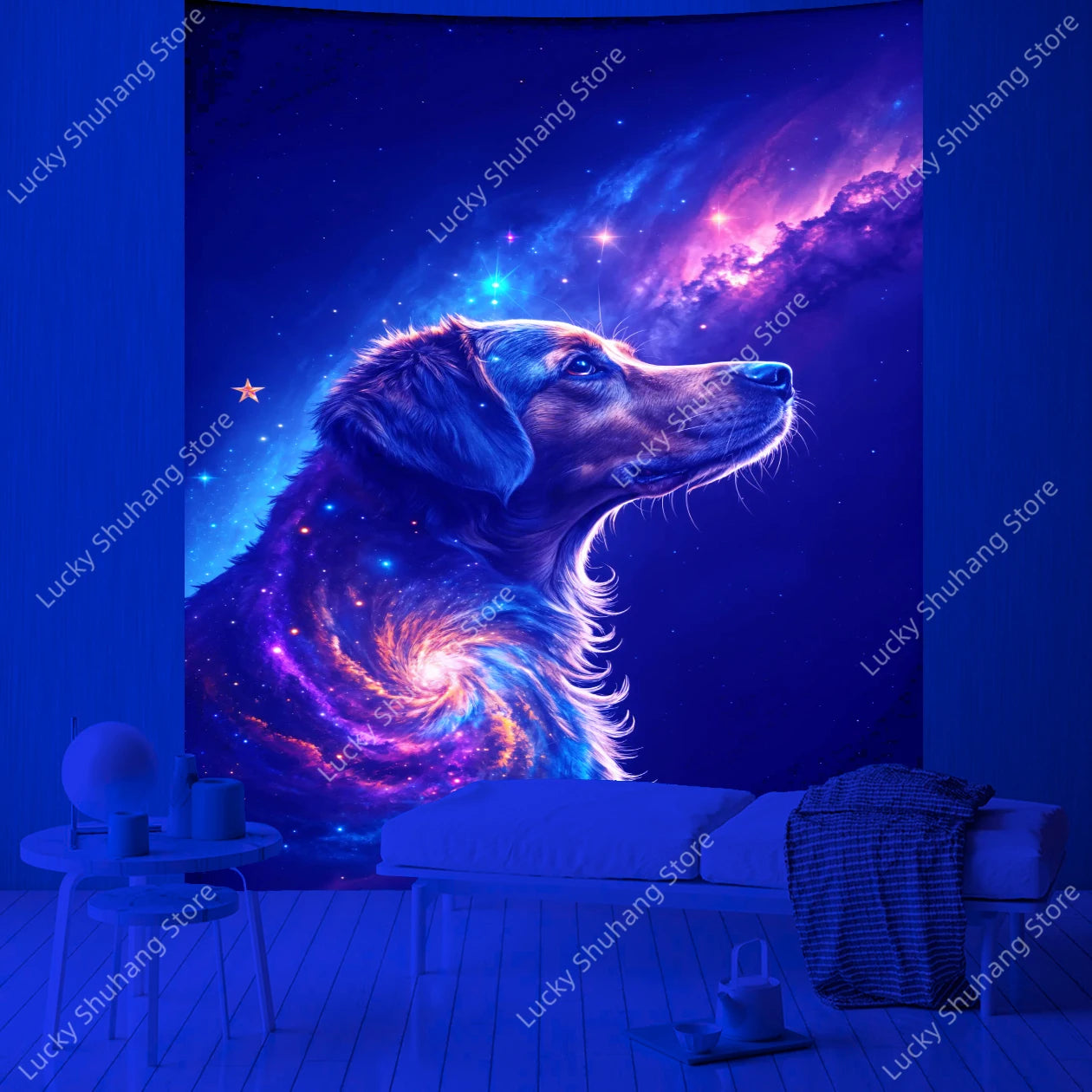 Galaxy Dog Tapestry: Starry Night Space Wall Art Decor