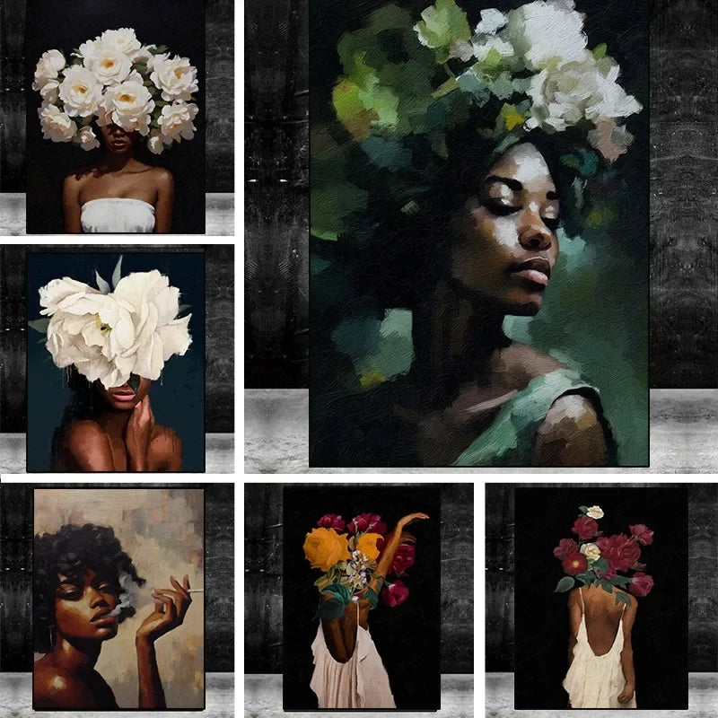 Black Woman Floral Head Canvas Art for Living Room Decor