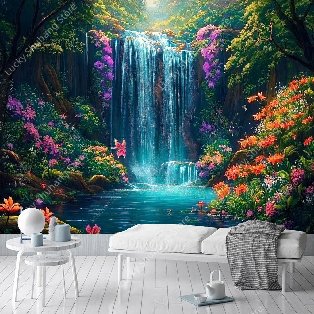 Waterfall Forest Tapestry: Nature Wall Art for Home Decor