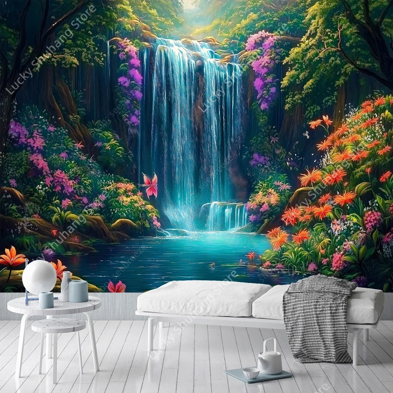 Waterfall Forest Tapestry: Nature Wall Art for Home Decor