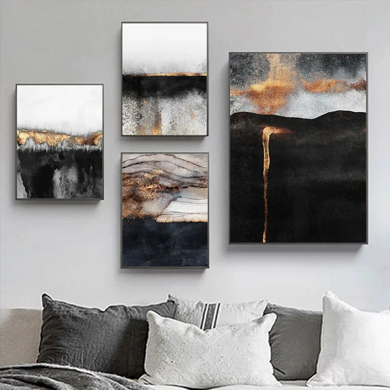 Black Gold Abstract Canvas Art for Living Room Decor