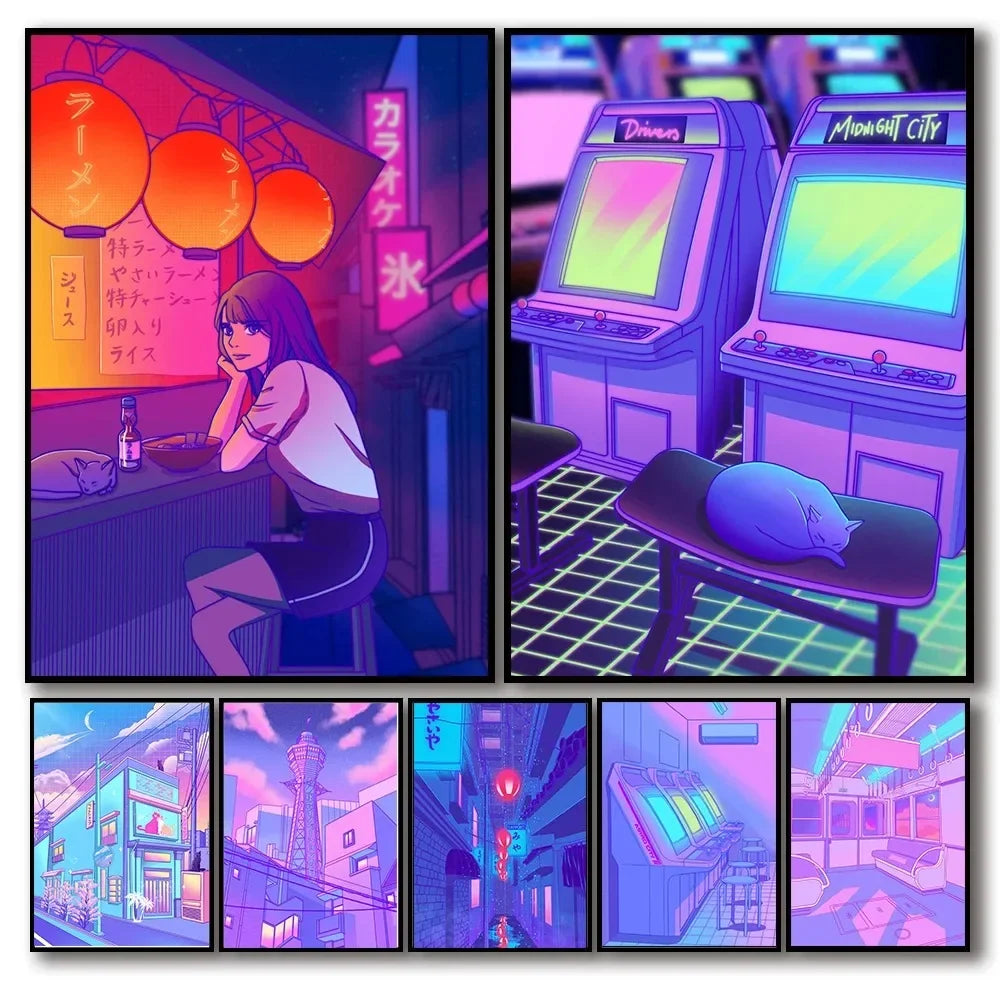 Japanese City Nightscape Game Poster Canvas Art Decor