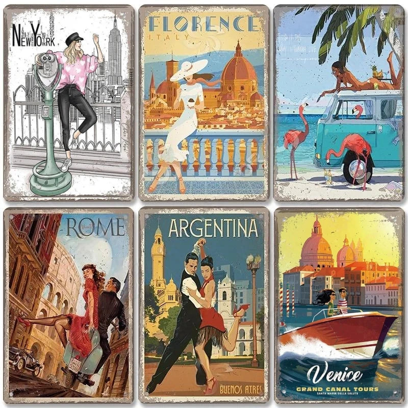 Vintage Travel City Metal Signs: Monaco, Rome, Venice