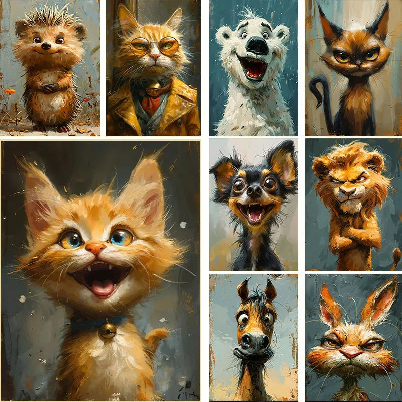 Cartoon Animal Canvas Art: Rabbit, Fox, Donkey, Cat, Lion