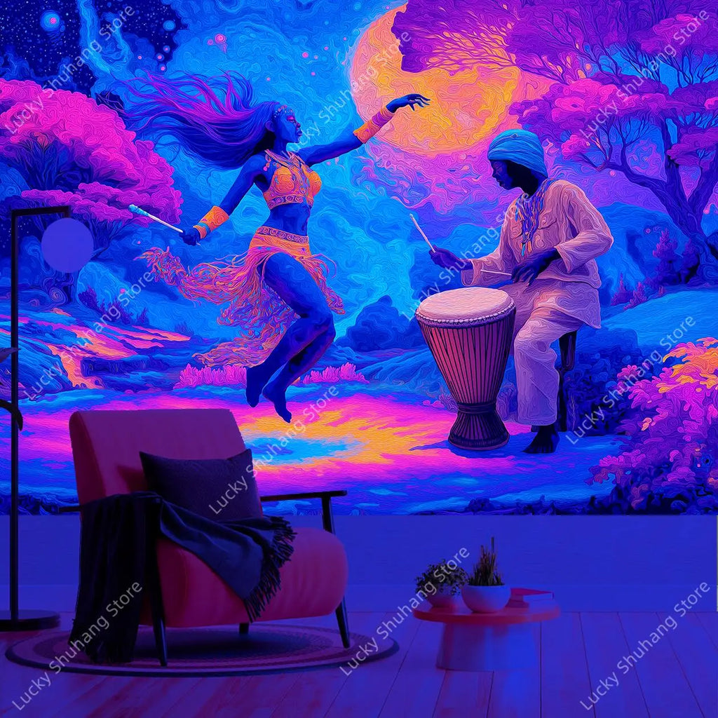 Cosmic Dancer UV Tapestry: Psychedelic Bohemian Wall Art