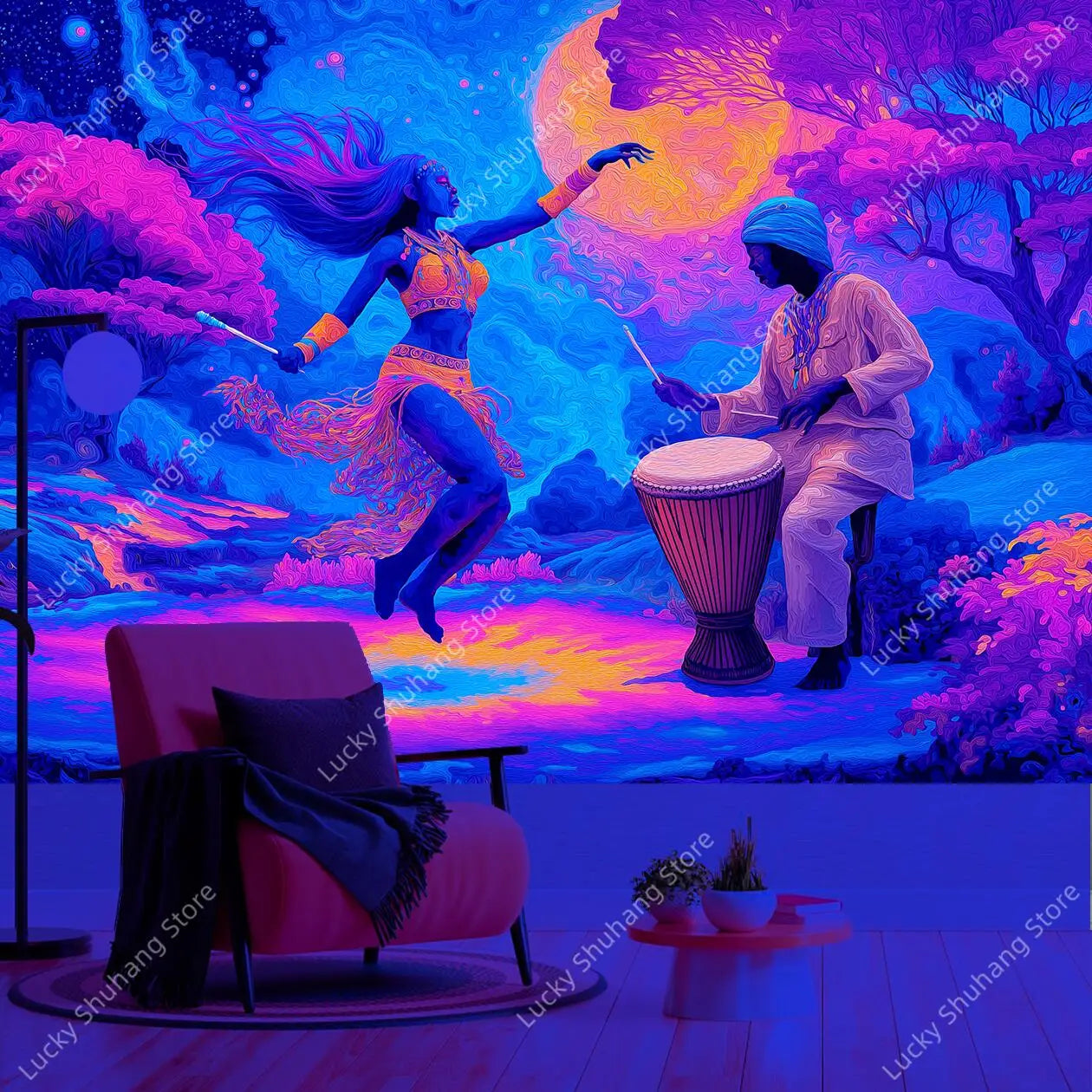 Cosmic Dancer UV Tapestry: Psychedelic Bohemian Wall Art