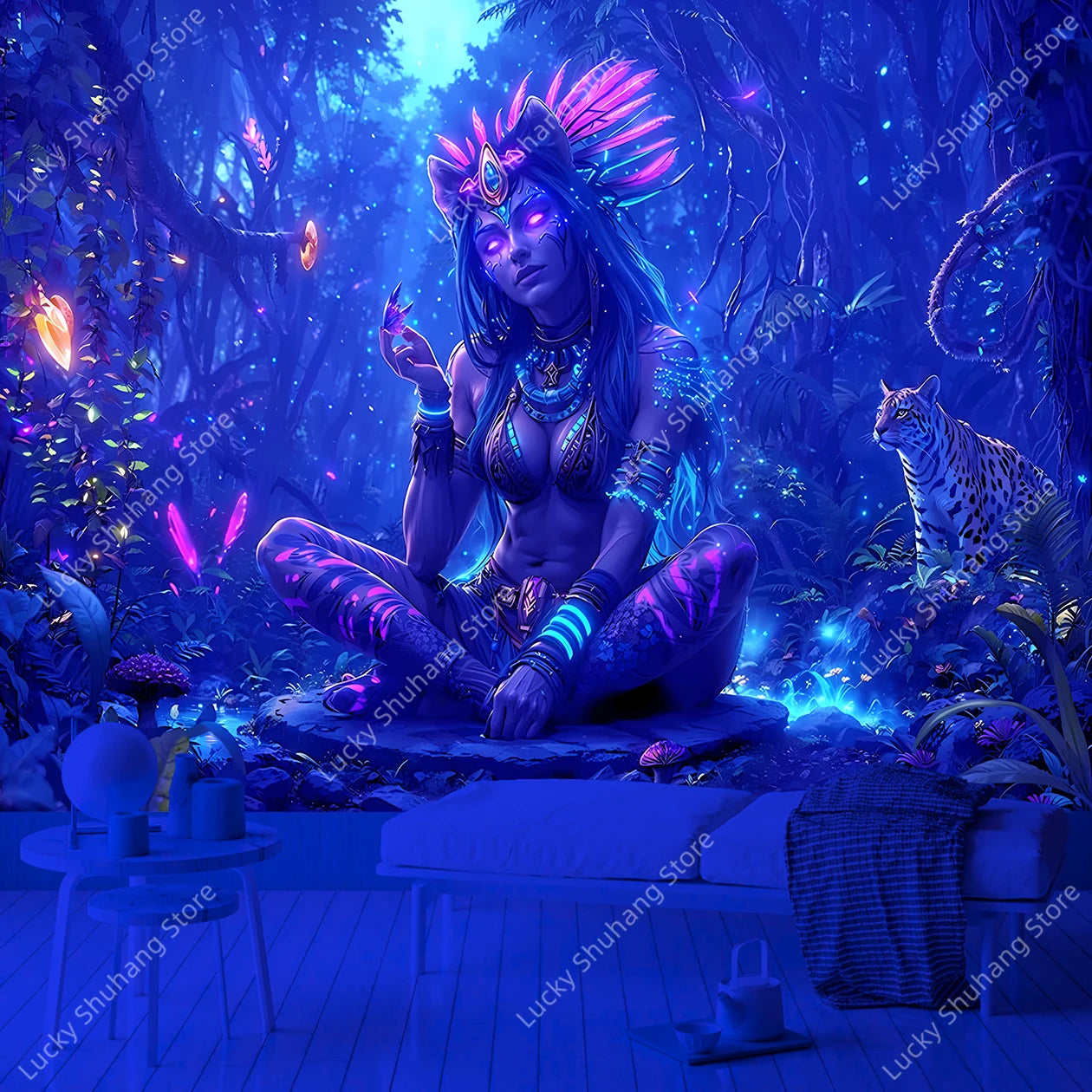 Shaman Woman UV Tapestry: Boho Jungle Wall Art Decor