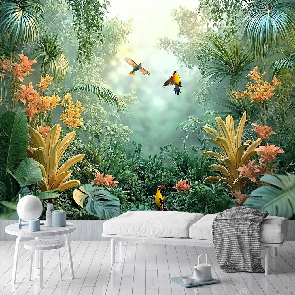 Tropical Rainforest Tapestry: Palm Trees & Birds Decor