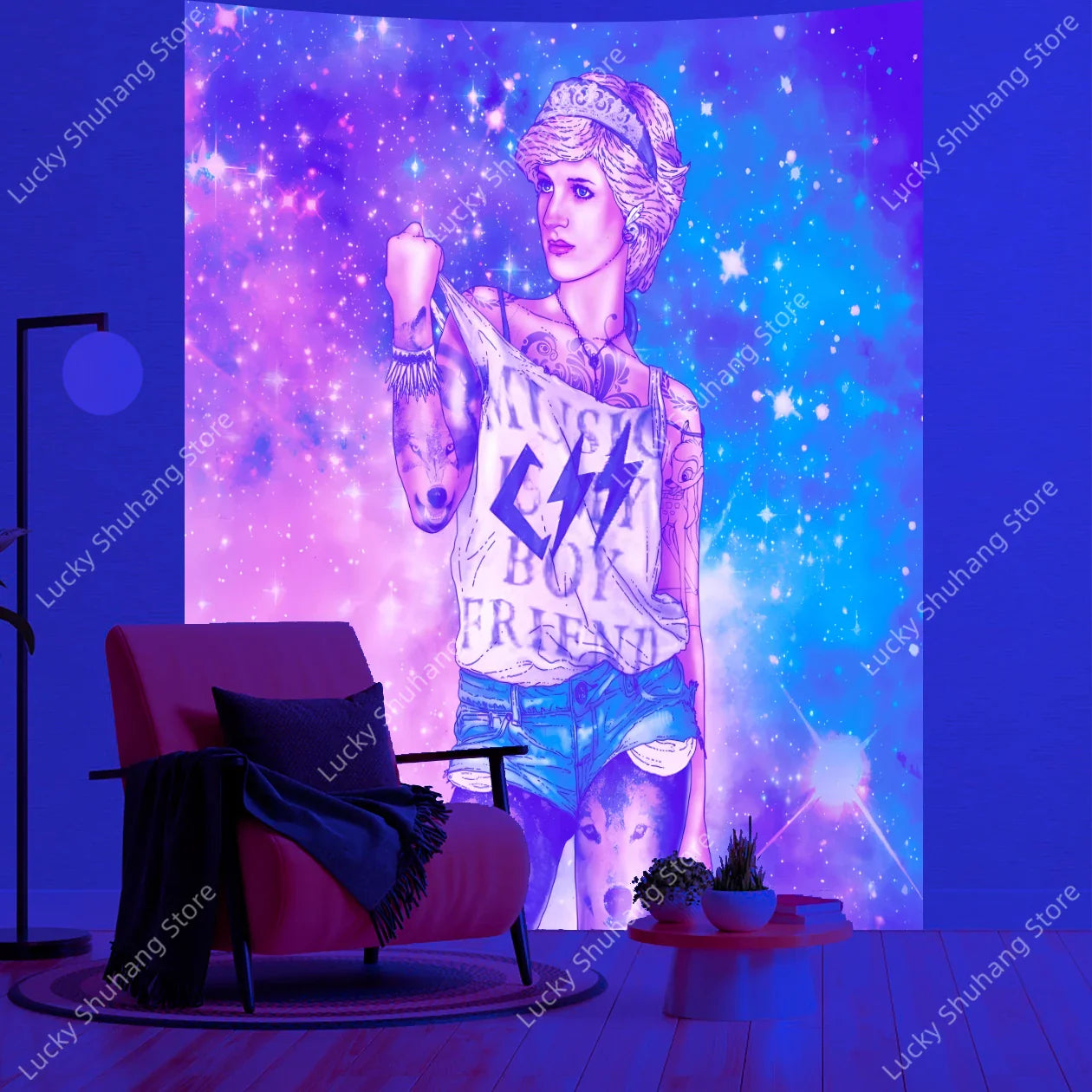 Retro Anime Girl Neon Tapestry UV Wall Decor