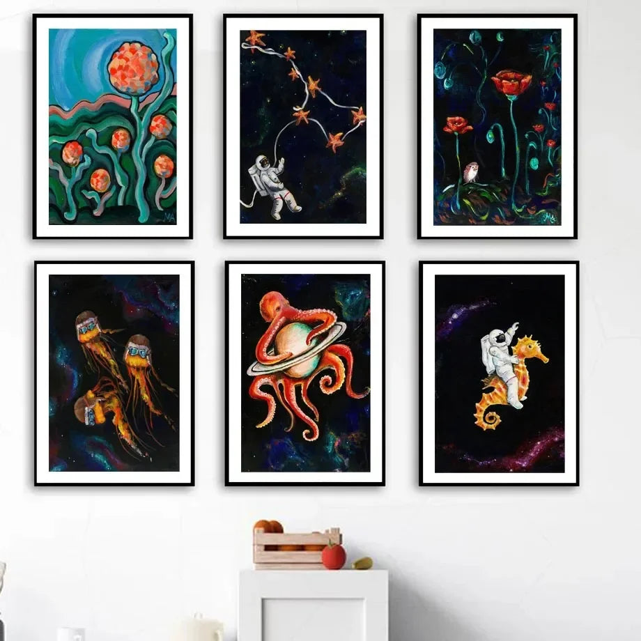 Astronaut Octopus Seahorse Canvas Art Nordic Decor