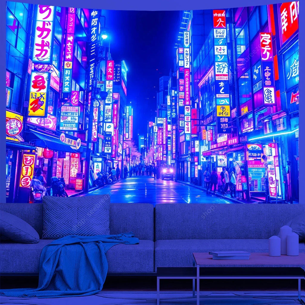 Tokyo UV Reactive Night View Tapestry Wall Decor