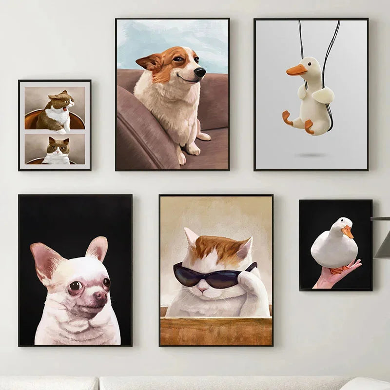 Cute Animal Pet Canvas Art: Dog, Cat, Duck Portraits