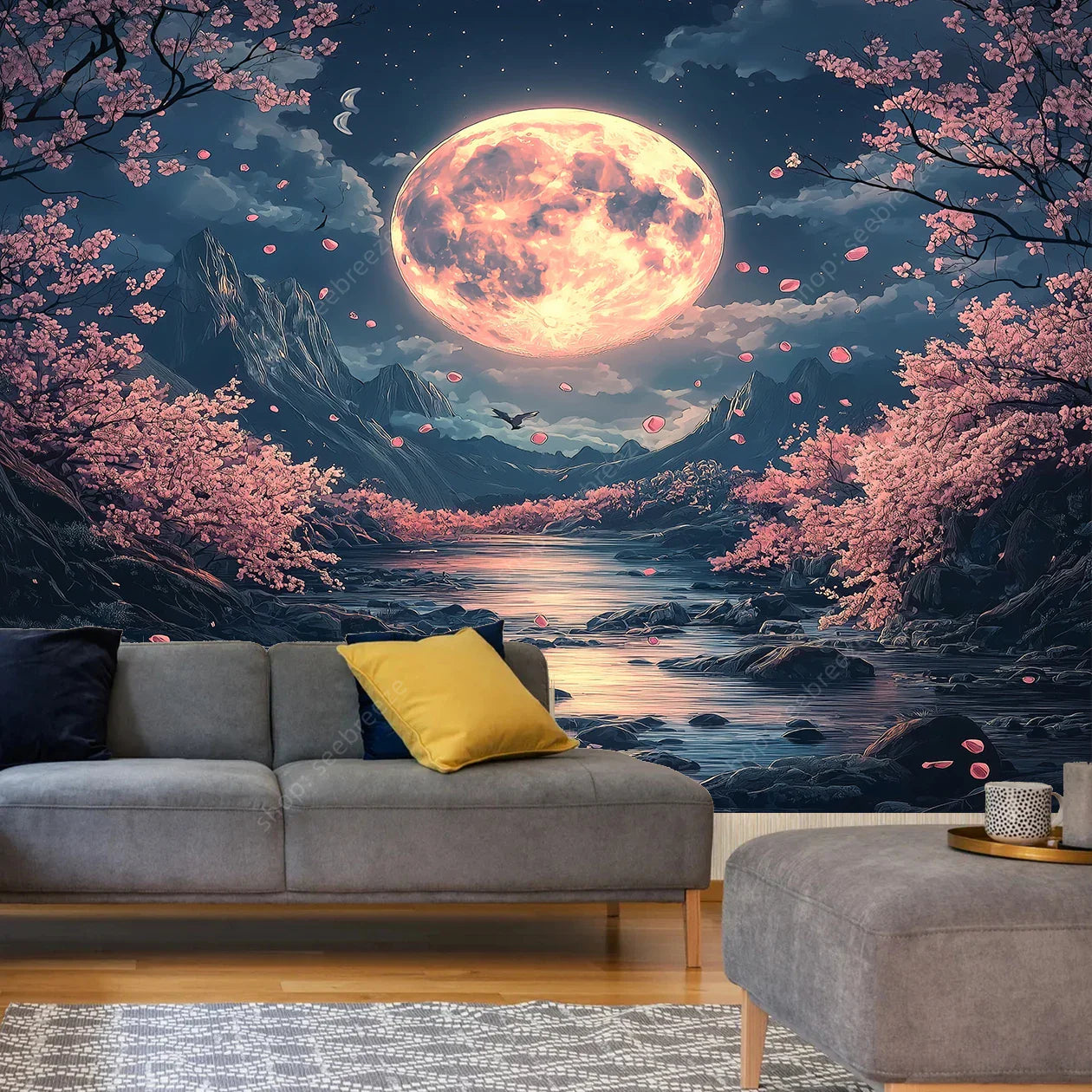 Cherry Blossom Moon Tapestry - Zen Japanese Wall Art Decor