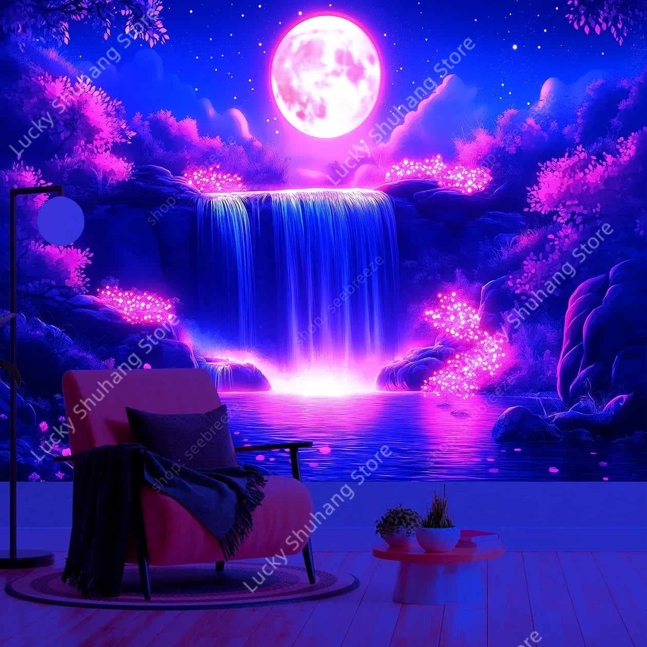 Moon Waterfall Tapestry: Ethereal Night Wall Art Decor