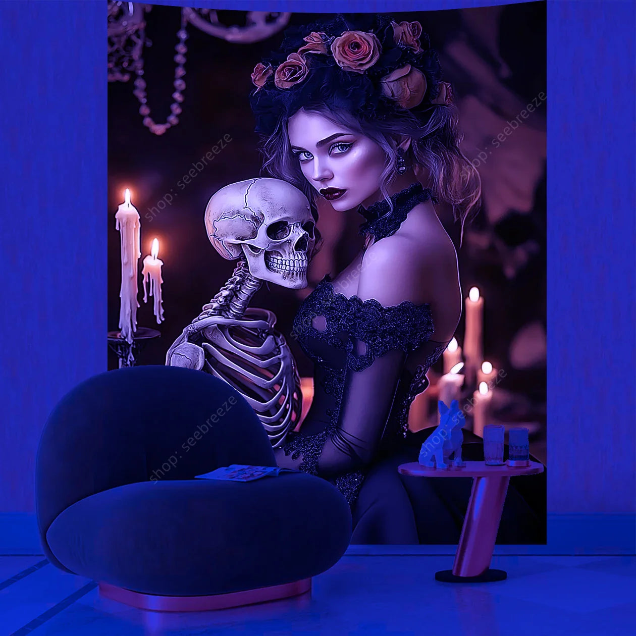 Gothic Skull Couple Tapestry: Dark Bohemian Wall Art