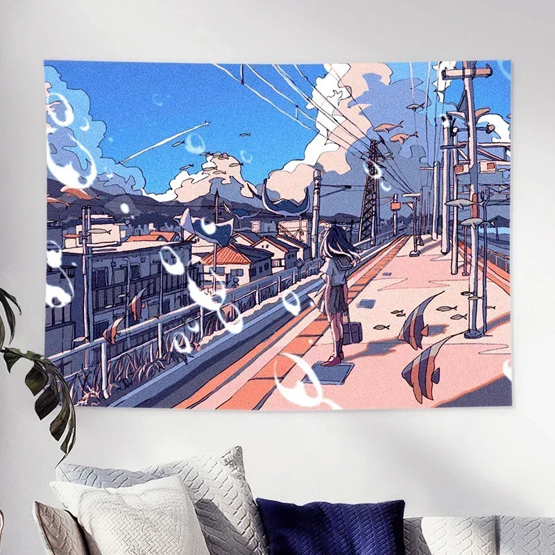 Anime Whale City Tapestry - Kawaii Wall Decor