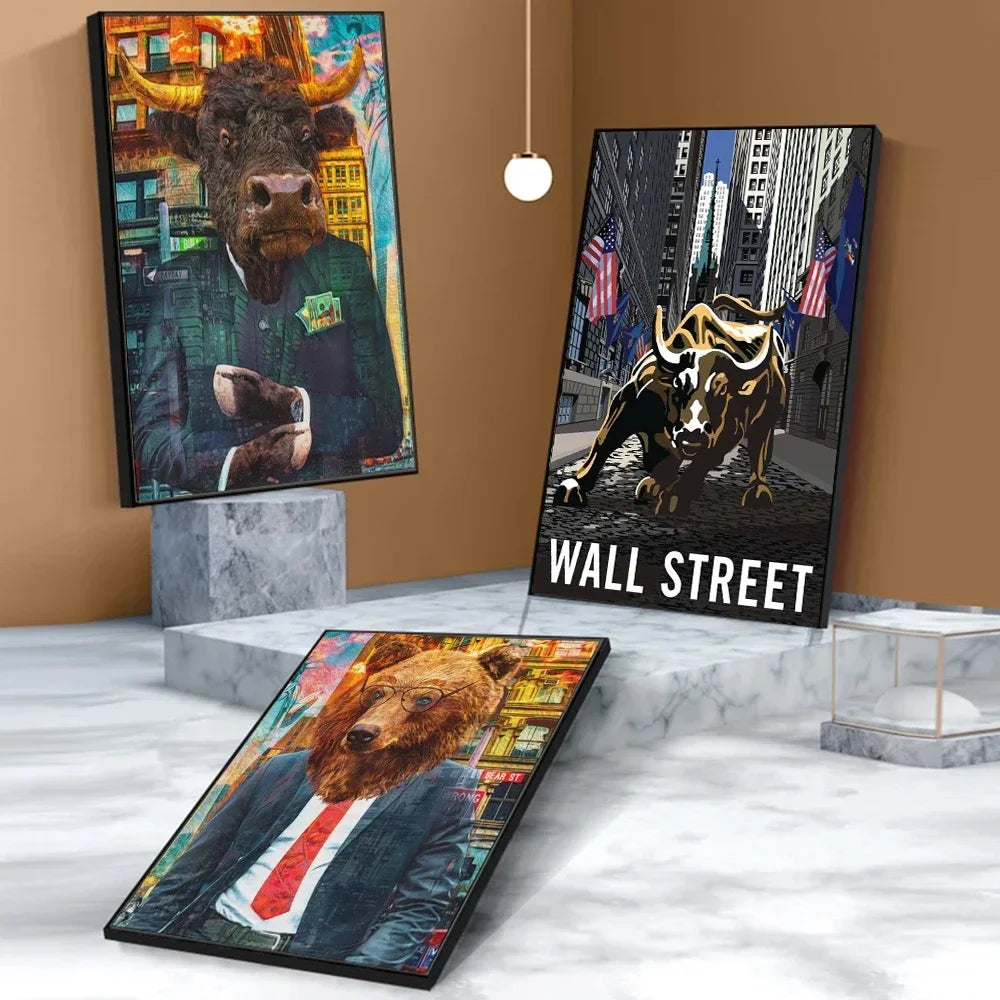 Charging Bull & Bear Wall Art - Stock Market Graffiti Print