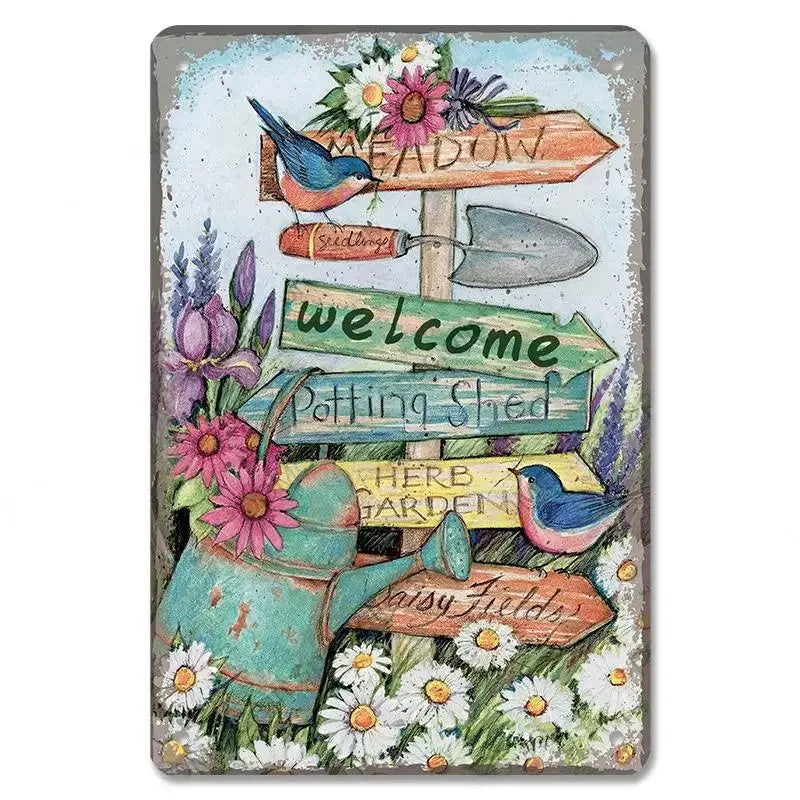 Vintage Metal Welcome Sign: Flowers & Birds Decor