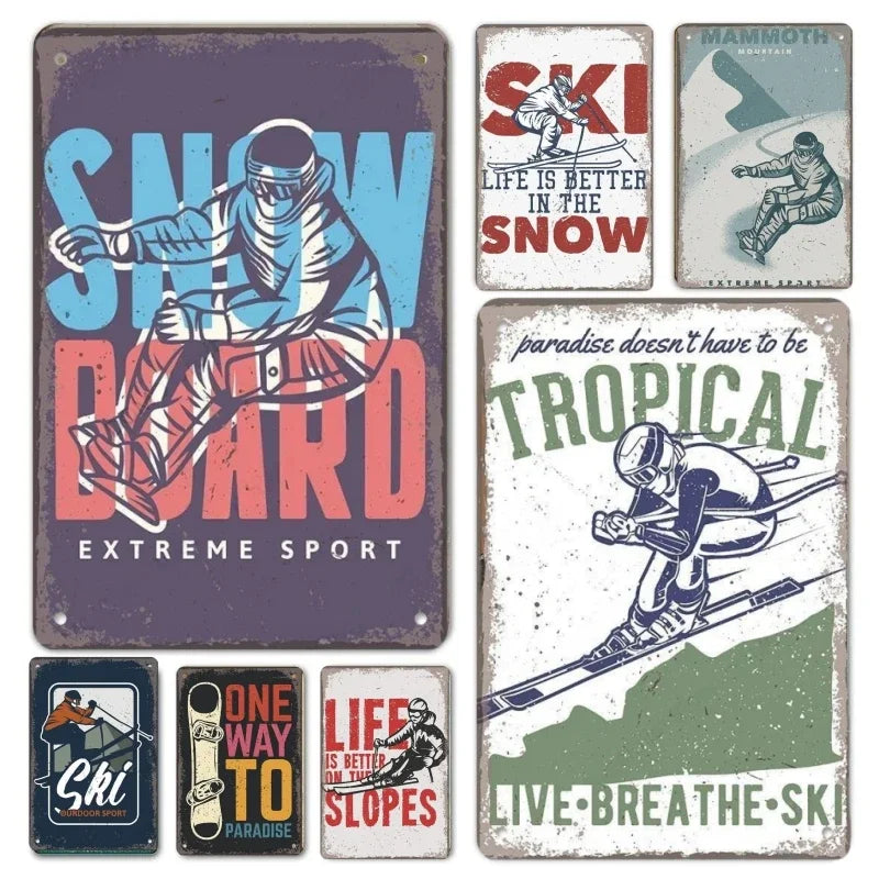 Retro Skiing Metal Sign: Mountain Sports Wall Decor