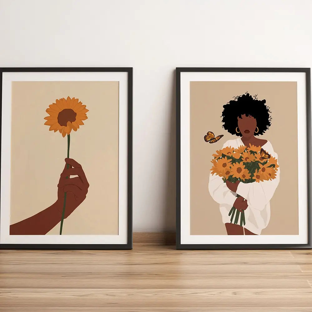 Boho Black Woman Flower Canvas Art for Living Room