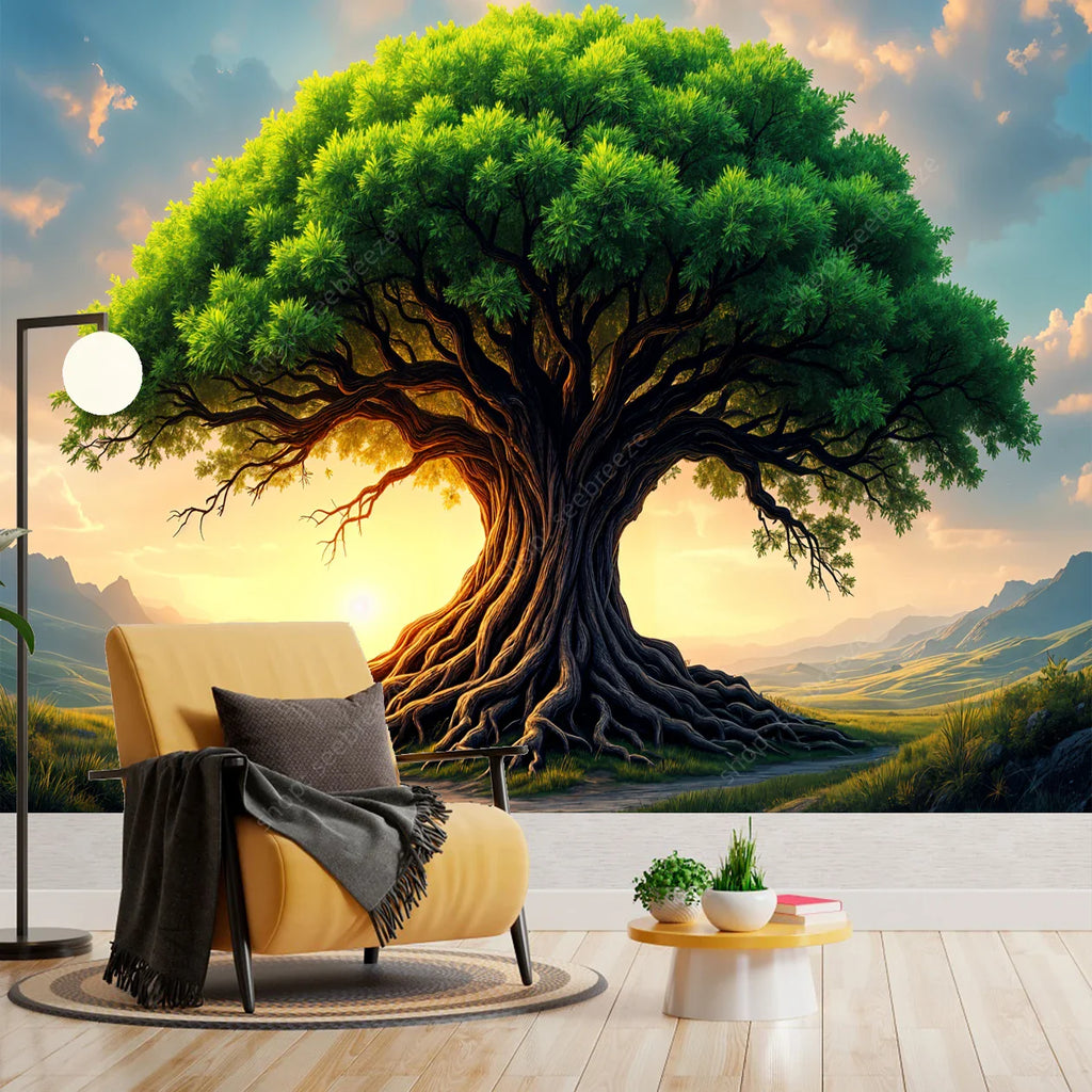 Sunset Oak Tree Tapestry: Rustic Mountain Wall Art Decor