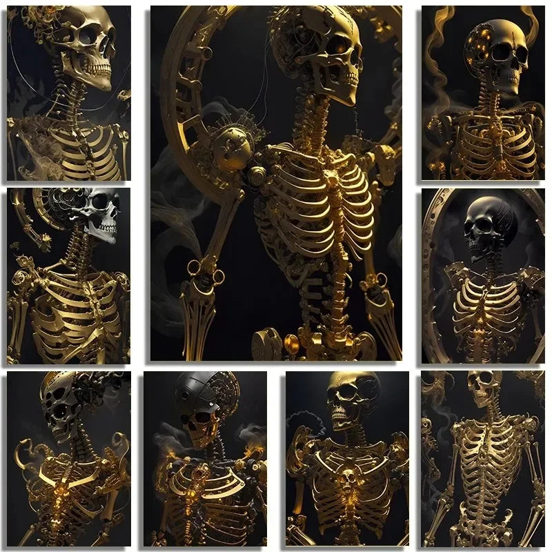 Golden Skull Canvas Art: Skeleton Prints for Home Decor