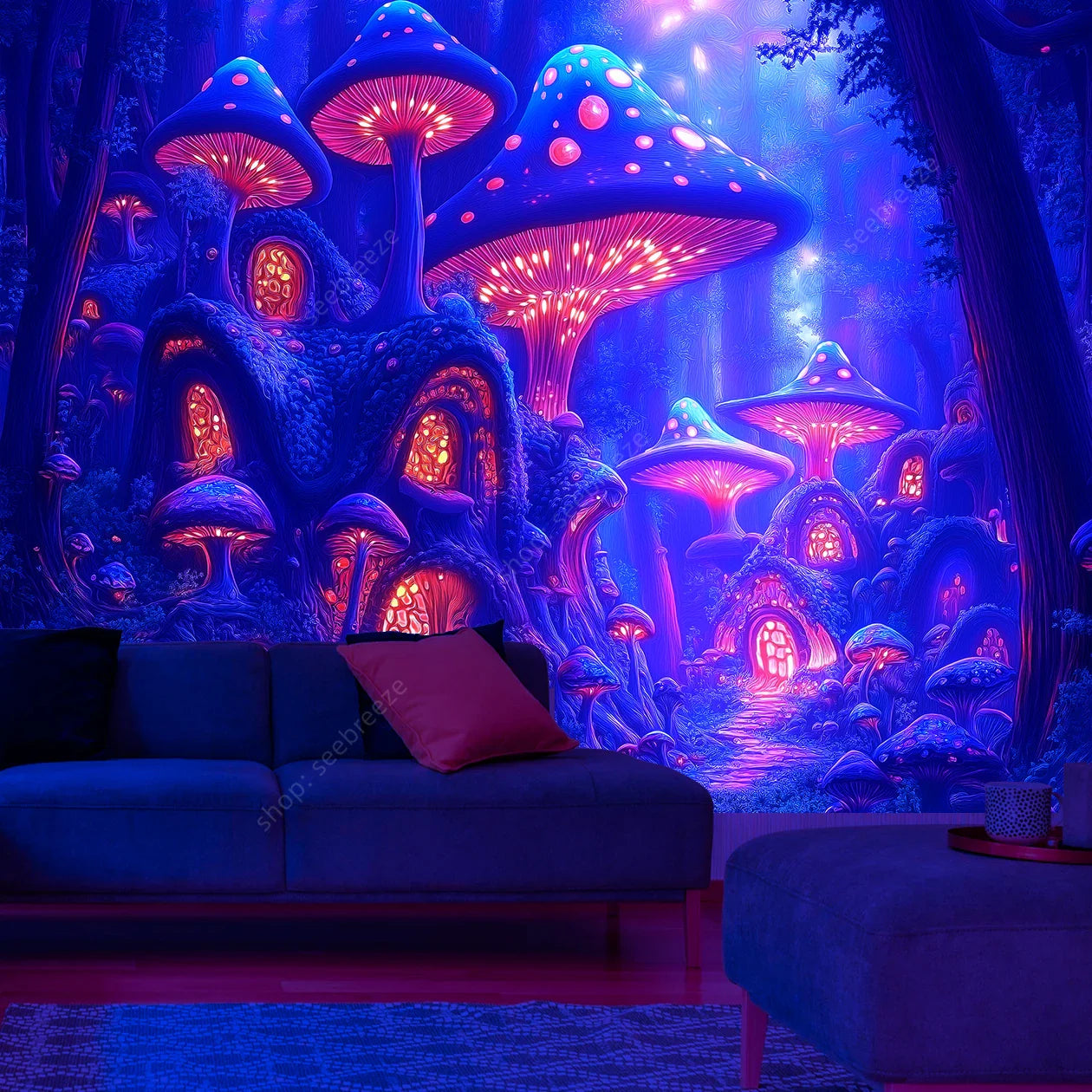 UV Reactive Mushroom Tapestry - Enchanted Forest Wall Art