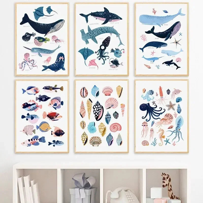 Nordic Sea Creatures Canvas Art: Whale, Starfish, Octopus Decor